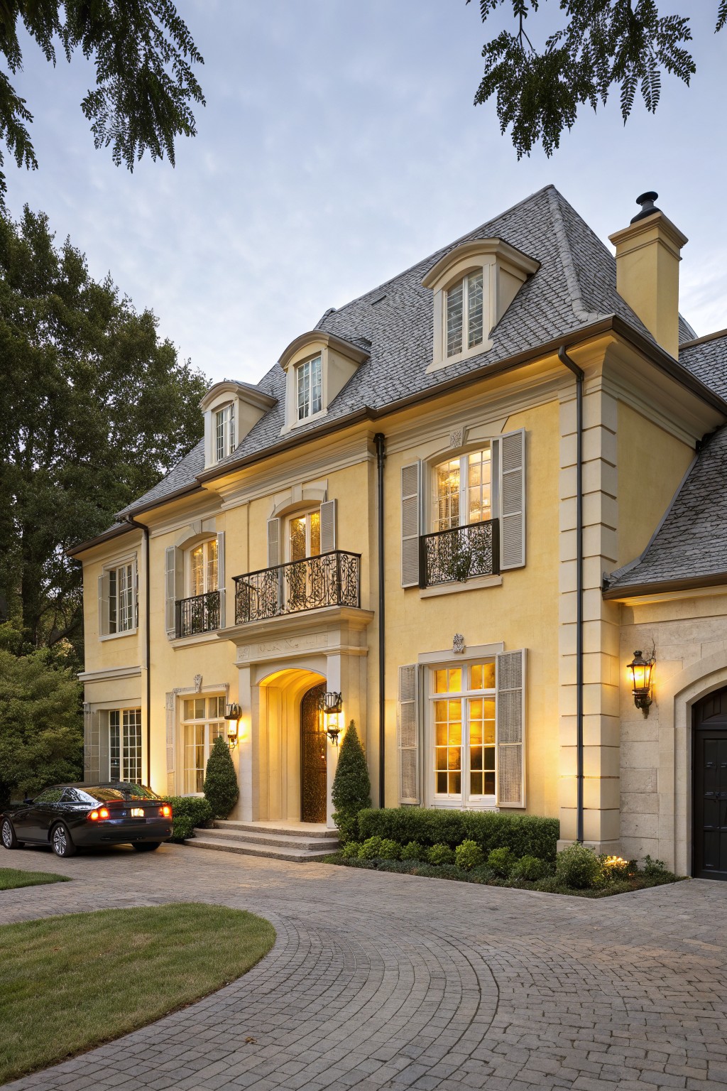 Two-story pale yellow stucco house with gray slate roof, black shutters, wrought-iron balcony, arched entry, lanterns, brick driveway, and landscaped yard at dusk.