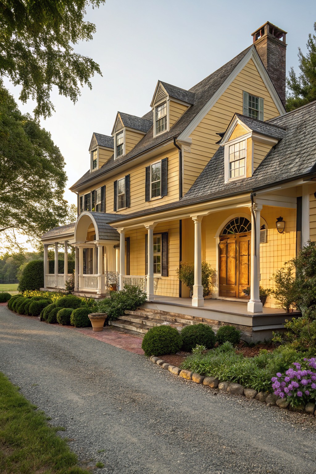 Two-story yellow clapboard house with gray shingle roof, white trim, black shutters, columned wraparound porch with arched entry doors, and gravel driveway edged by shrubs and flowers.