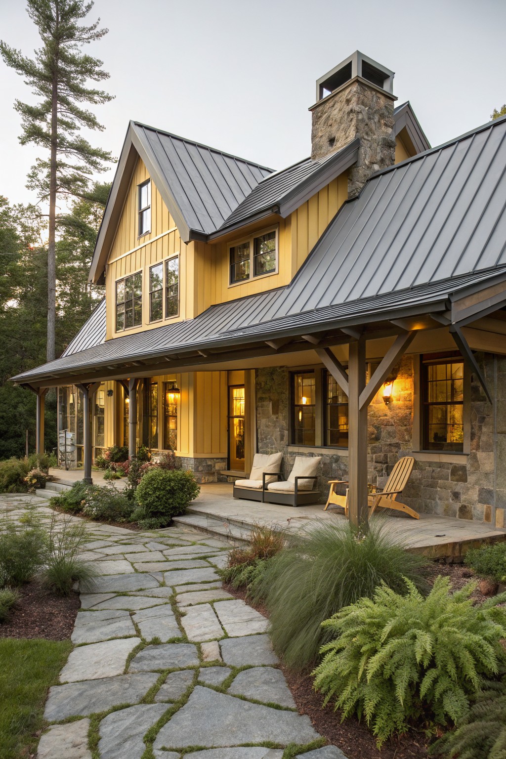 Two-story yellow board-and-batten house with dark gray metal roof, stone chimney and foundation, wraparound porch with chairs, flagstone path, and surrounding trees and plantings.