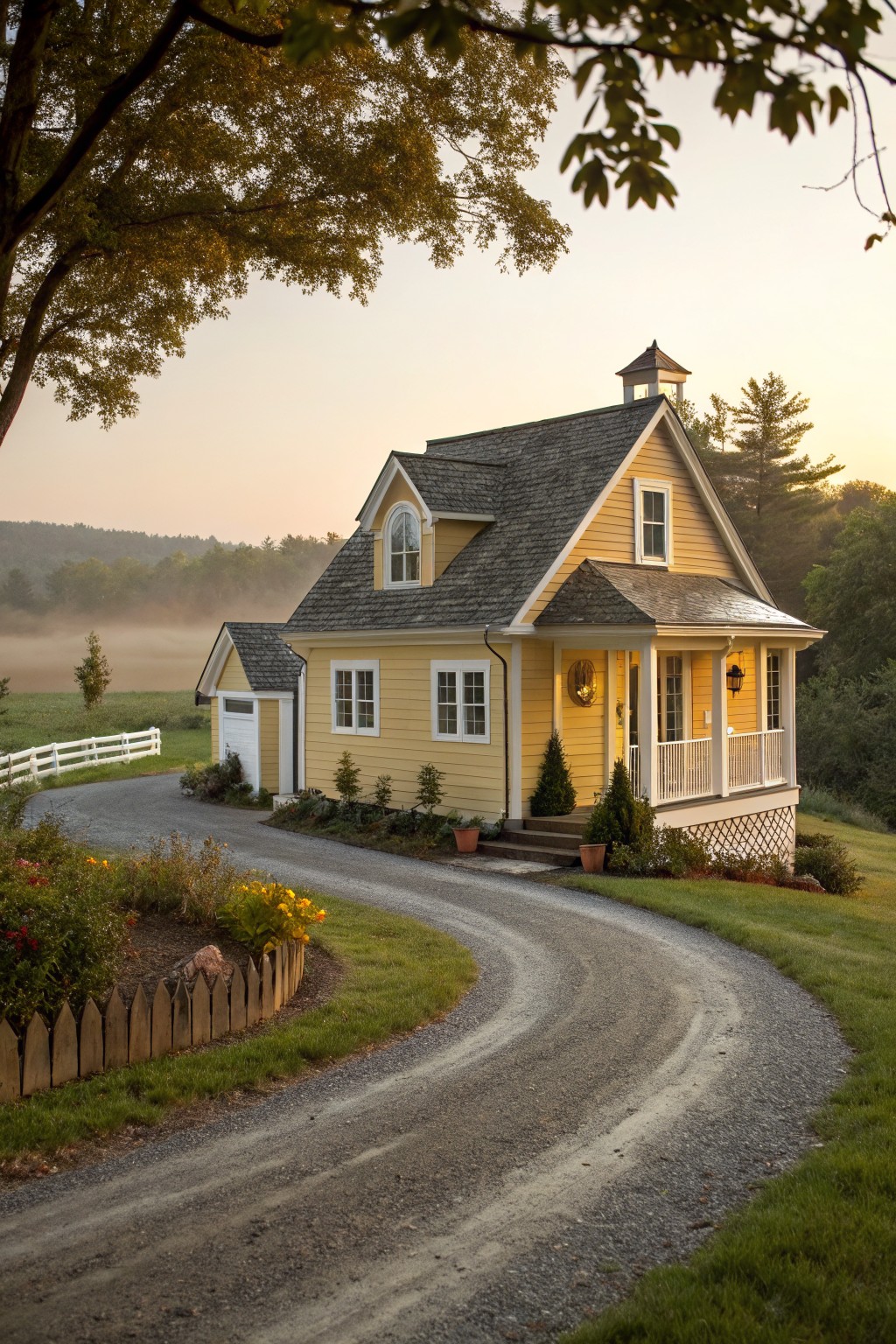 Two-story yellow clapboard house with gray shingle roof, gabled dormer, cupola, front porch with white railing and lanterns, attached garage, gravel driveway, flower beds, picket fence, and misty fields at sunrise.