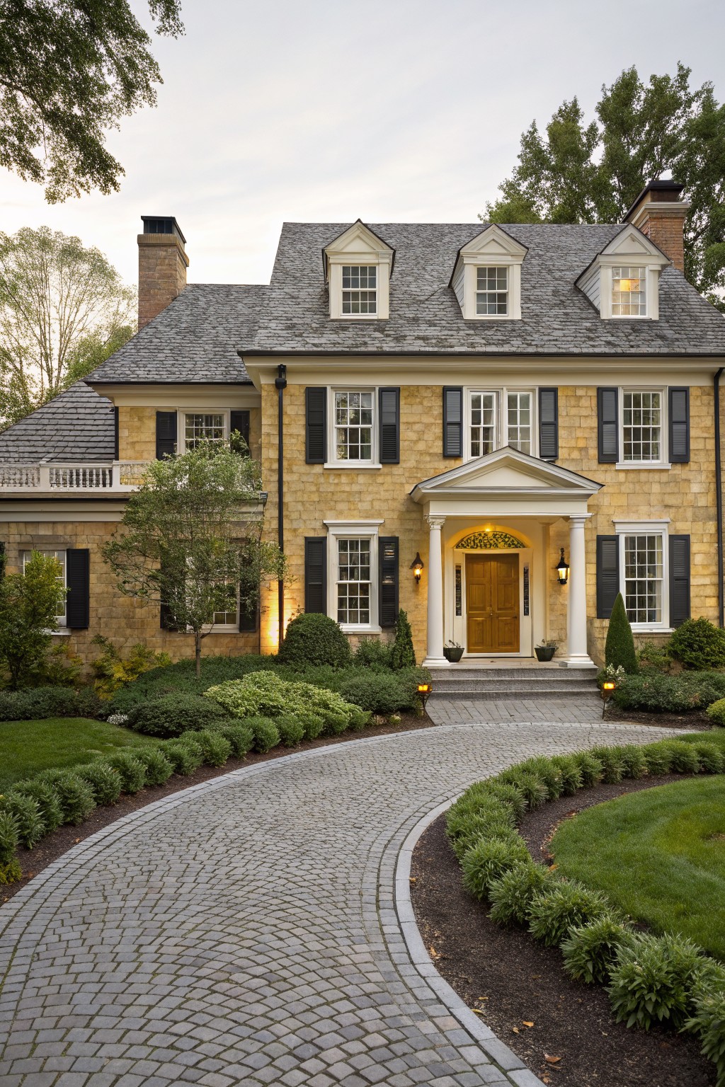 Two-story yellow stone house with gray slate roof, white trim and dormer windows, columned front porch with yellow double doors, curved cobblestone driveway, and landscaped borders.