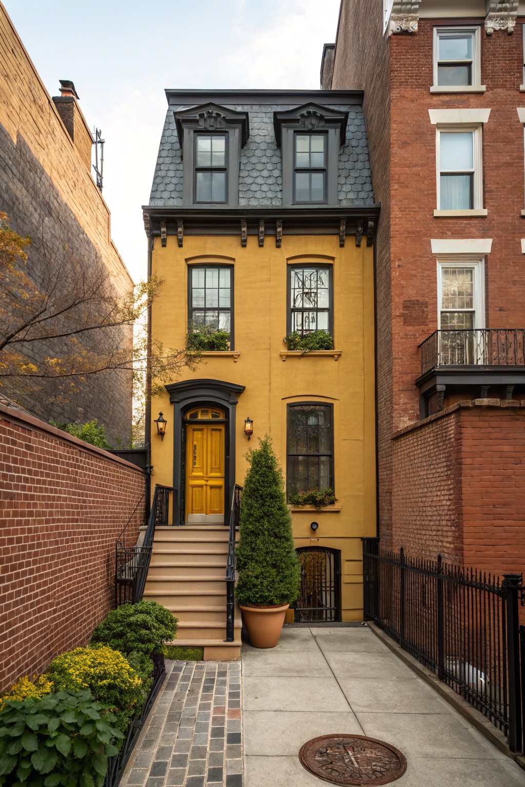 Narrow three-story yellow townhouse with dark gray mansard roof, black trim, yellow front door, steps, boxwood trees, potted plant, brick walls, and concrete pathway between brick buildings.