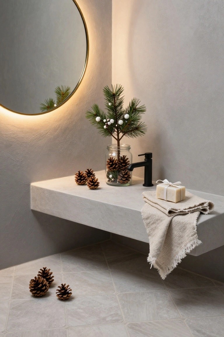 Modern gray bathroom corner with floating white vanity, black faucet, round lit gold mirror, jar of pine branches and pinecones on counter, scattered pinecones on floor, holiday-wrapped white soap bar, linen towel draped over edge.