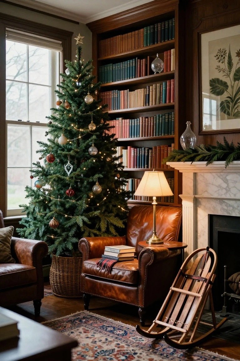 A lit Christmas tree decorated with ornaments stands in a wood-paneled library beside a leather armchair, with bookshelves lining the walls, a lamp on a side table, a fireplace, and a wooden sled leaning nearby.