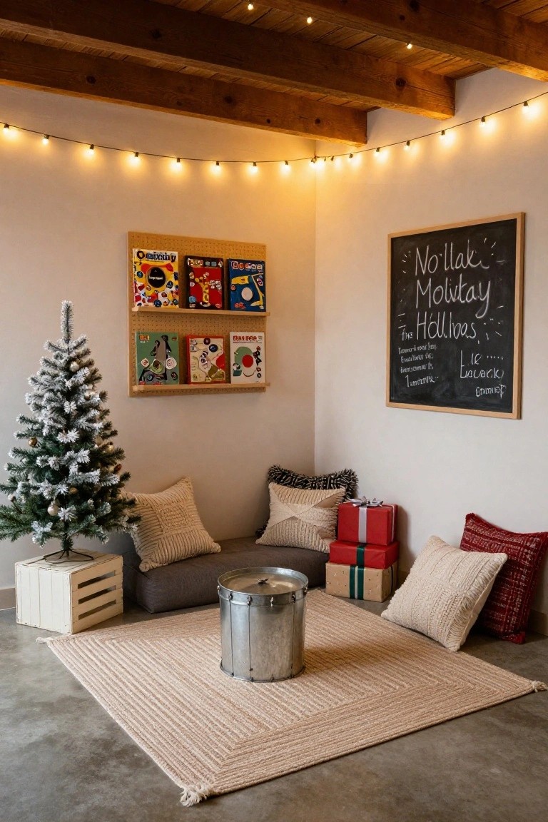 Cozy indoor room corner with exposed wood beams, string lights, small flocked artificial Christmas tree, floor cushions and pillows, central metal drum table, wrapped gifts, bookshelves, and chalkboard with handwritten text on white walls over beige rug.