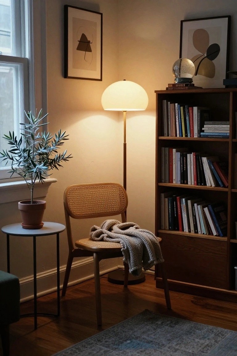 Interior corner with a rattan chair draped in a knitted throw, gray side table holding a potted olive tree, tall floor lamp, wooden bookshelf filled with books, and window with sheer curtains.