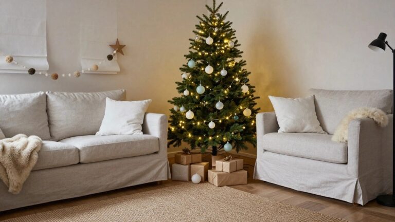 A real Christmas tree decorated with blue and white glass ornaments and fairy lights stands in a minimalist living room next to a beige linen sofa, with vases on a shelf, pillows on the floor, and wrapped gifts at the base on a light wood floor.