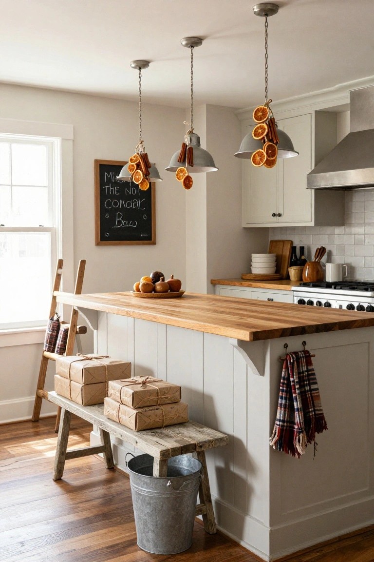 Kitchen interior with white cabinets, wooden island, three pendant lights decorated with dried orange slices and cinnamon sticks, chalkboard sign on wall reading about nog, pumpkins on counter, plaid towels, wrapped boxes on rustic bench, ladder shelf, and metal bucket on wood floor.