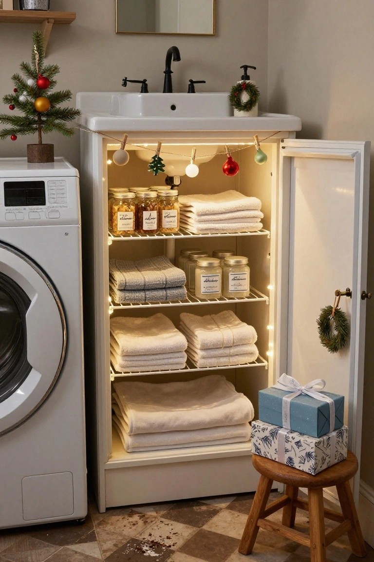 Open white wooden cabinet in a laundry room filled with folded white towels on shelves, glass jars of nuts and candles, mini Christmas trees, hanging ornaments, and glowing string lights, positioned between a white sink and washer-dryer set with additional holiday decor nearby.