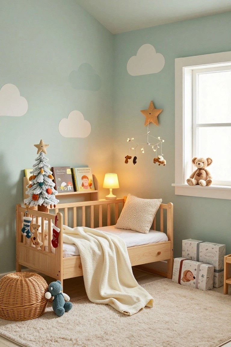 Pastel green nursery room with wooden crib, small flocked Christmas tree on bookshelf next to it, teddy bears, books, cloud wall decals, and wrapped gifts on the floor.