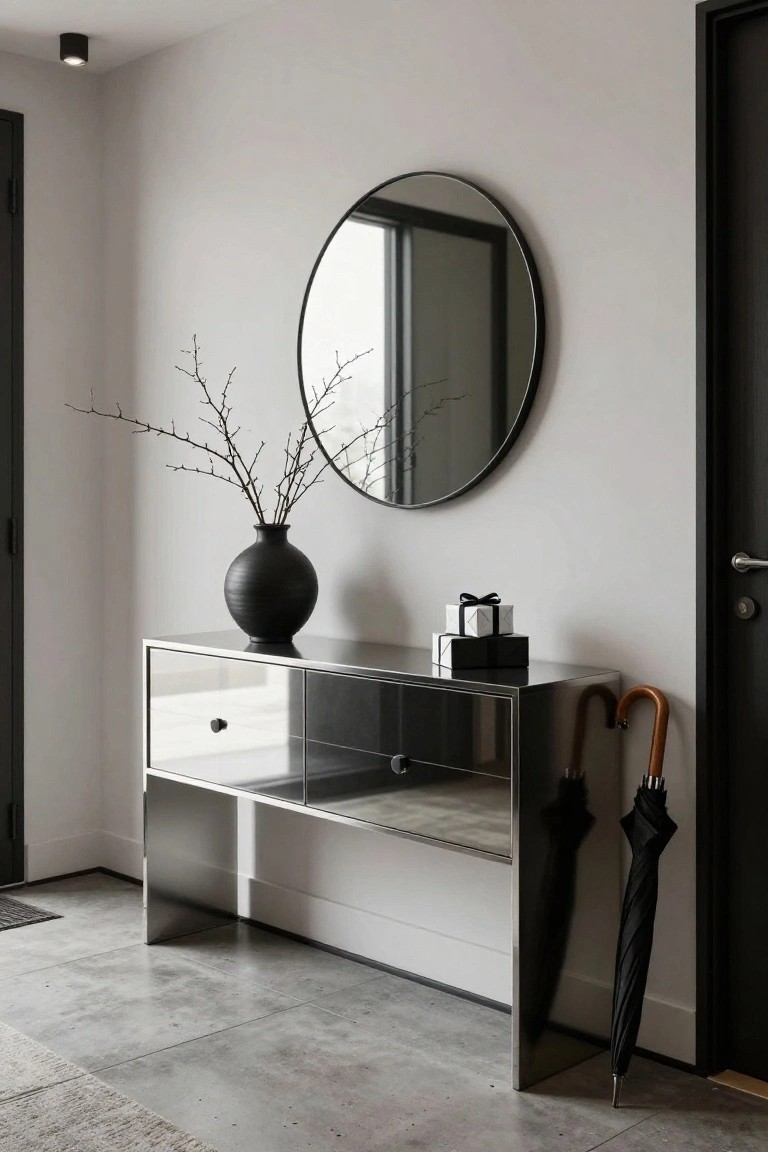 Contemporary entryway with brushed stainless steel console table holding black vase of branches and stacked white and black ribboned gift boxes, large round black-framed mirror on wall, umbrella leaning nearby, white walls, concrete floor, and black door.