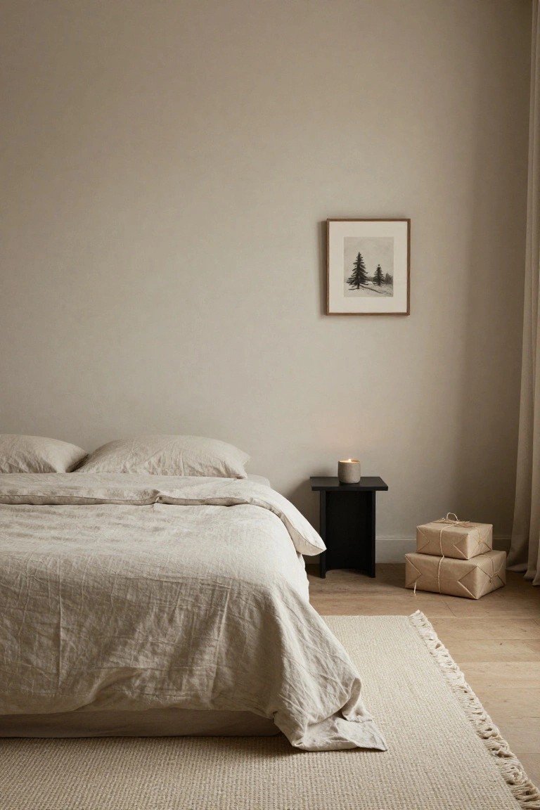Beige bedroom featuring a low bed with white linen bedding and pillows, black bedside table holding a lit gray candle, two stacked beige wrapped gift boxes on the wooden floor beside the table, a framed black and white print of trees on the wall, cream fringed rug, and sheer curtains.
