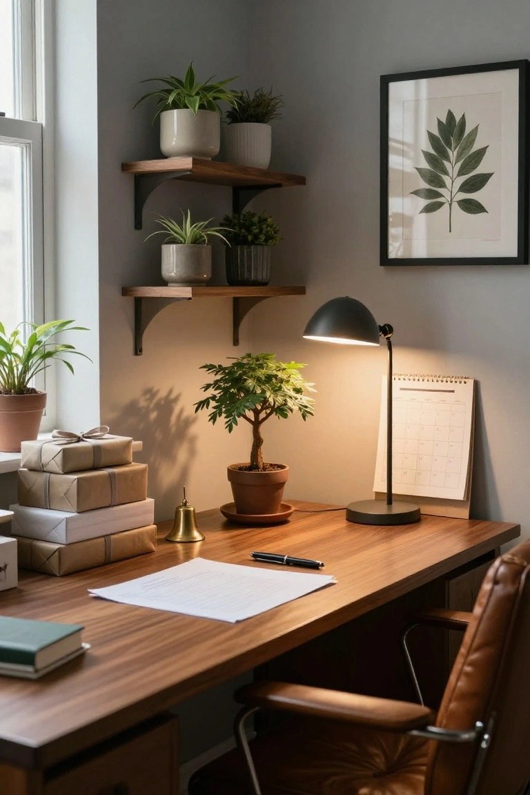 Corner wooden desk with leather chair, adjustable desk lamp, open calendar pad, green book, pen, small bell, bonsai tree in terracotta pot, stacked wrapped gift boxes on windowsill, multiple potted plants on floating wood shelves, large leaf print in black frame on gray wall, natural light from window.