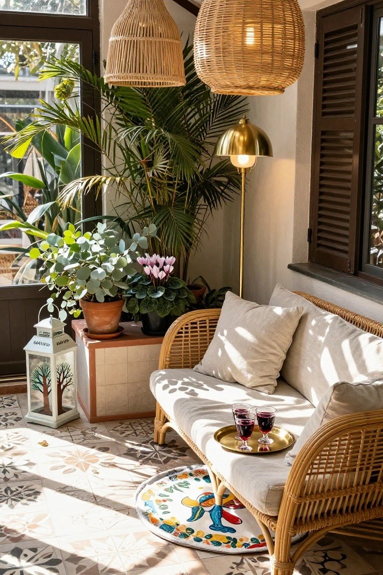 A covered porch features a beige rattan sofa with white cushions, a gold tray holding three red wine glasses, potted plants including palms and cyclamen, hanging woven lanterns, a gold floor lamp, and a colorful floor mat on patterned tiled flooring.