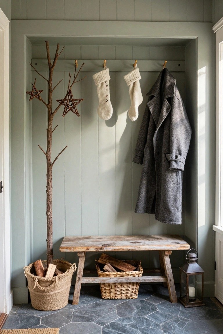 Sage green paneled mudroom with wooden hooks holding white Christmas stockings and a gray coat, tall natural branch decorated with twig star ornaments, rustic bench with firewood baskets and wicker basket, lantern, and slate tile floor.