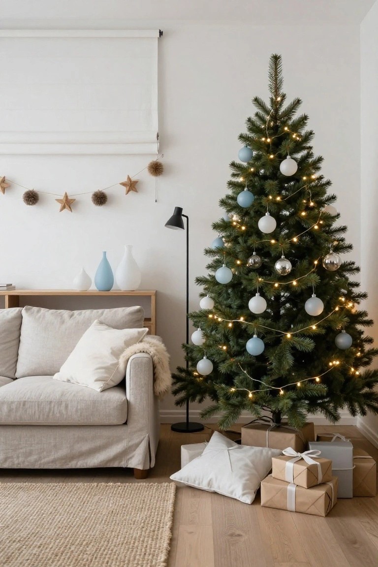 A real Christmas tree decorated with blue and white glass ornaments and fairy lights stands in a minimalist living room next to a beige linen sofa, with vases on a shelf, pillows on the floor, and wrapped gifts at the base on a light wood floor.