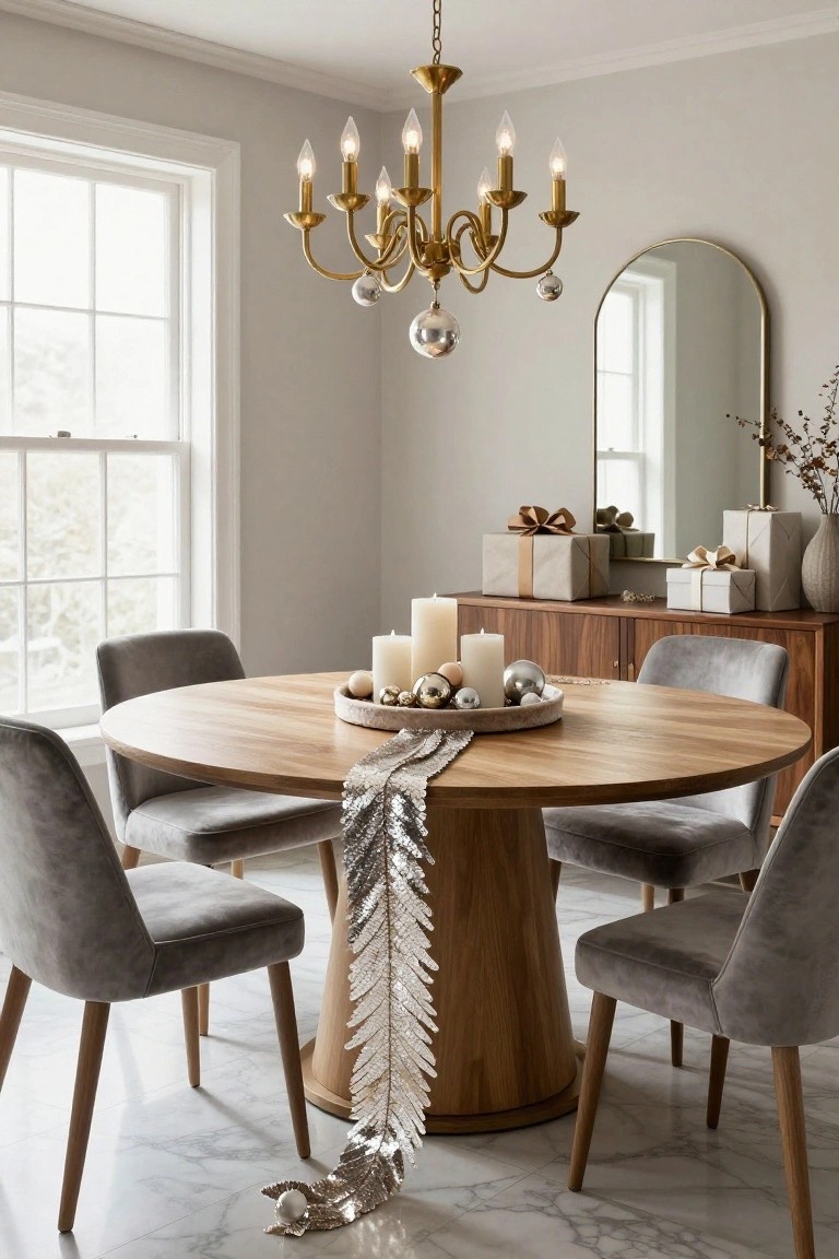 Round wooden dining table with gray velvet chairs in a light gray room, decorated with a silver metallic leaf garland runner, white candles, gold and silver ornaments, and wrapped gifts on a wooden credenza under a gold chandelier.
