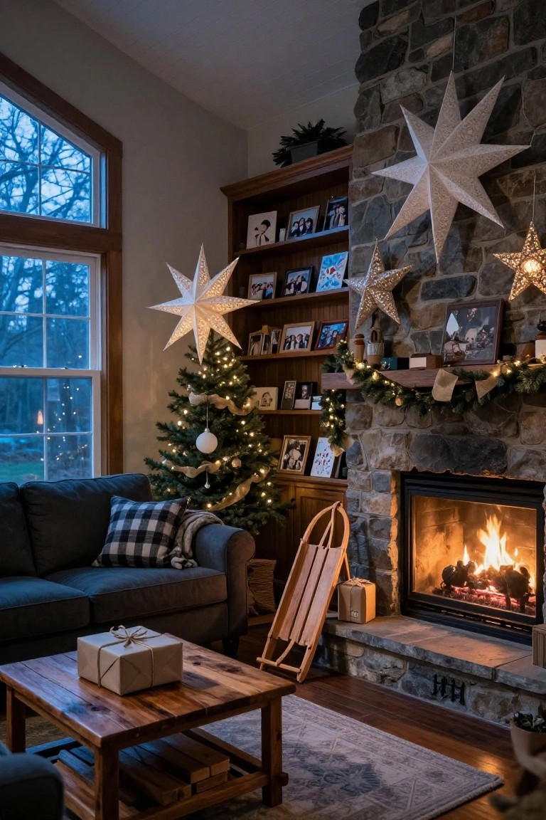 Cozy living room with small lit Christmas tree next to stone fireplace with burning fire, gray sofa with plaid pillows, wooden coffee table holding wrapped gift, wooden sled, holiday garlands and stars on shelves and walls, large windows showing winter view.