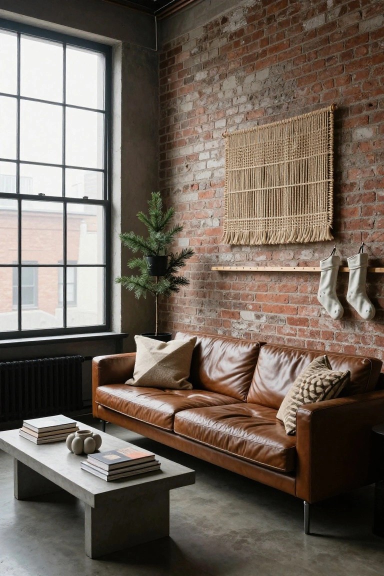 Industrial living room featuring exposed brick walls, large black-framed windows, brown leather sofa, concrete coffee table, small potted Christmas tree, woven wall hanging, and two white Christmas stockings on a wooden shelf.