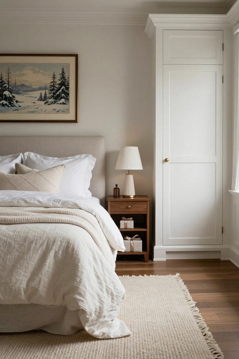 A bedroom interior with a framed painting of a snowy winter landscape featuring pine trees above a beige upholstered bed dressed in white linens and pillows, a wooden nightstand with a lamp, gift boxes, and bottles next to a white paneled wardrobe on hardwood floors with a cream rug.