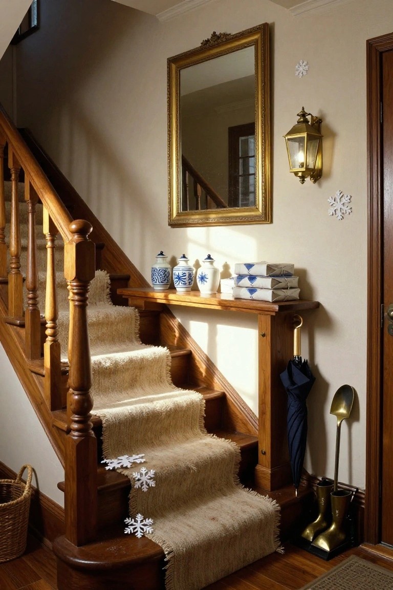 Wooden staircase with beige carpet runner and wooden console shelf holding blue and white porcelain vases, stacked wrapped packages in blue paper, gold-framed mirror above, paper snowflake decorations, brass umbrella stand, and wellies at base.