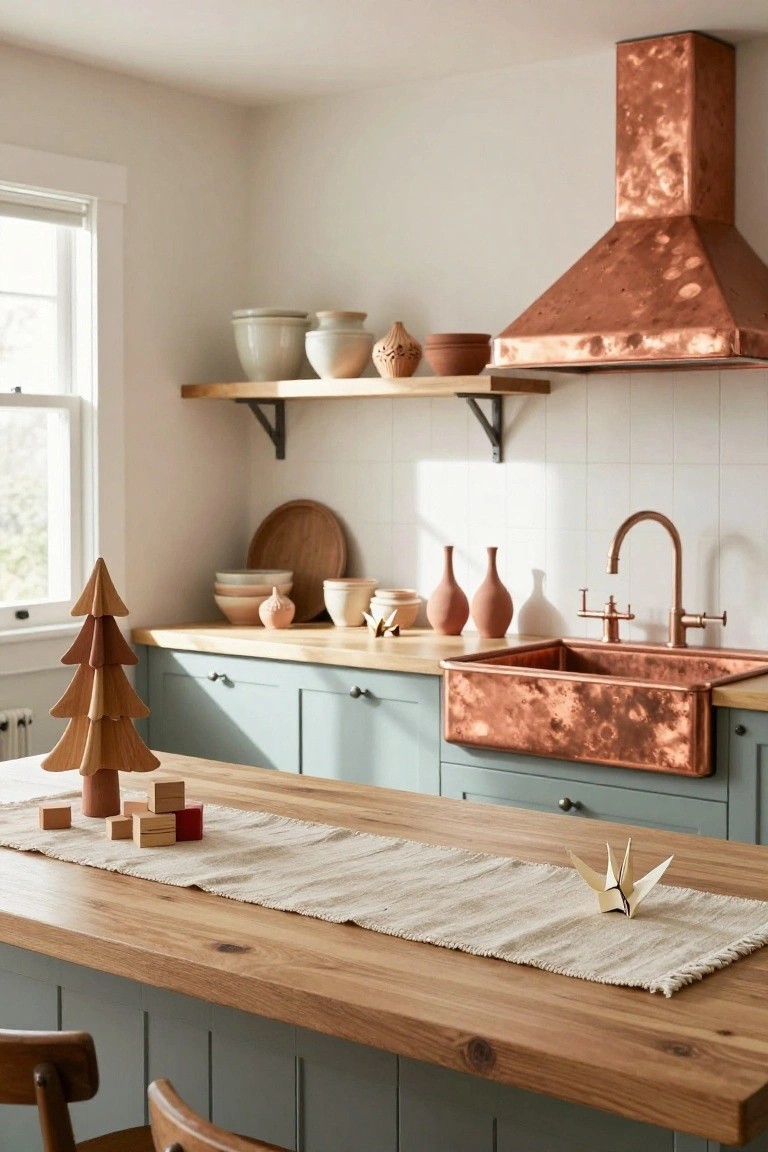 Kitchen island made of wood with wooden Christmas trees, building blocks, linen runner, and paper crane on top, flanked by mint green cabinets, copper sink, and range hood.