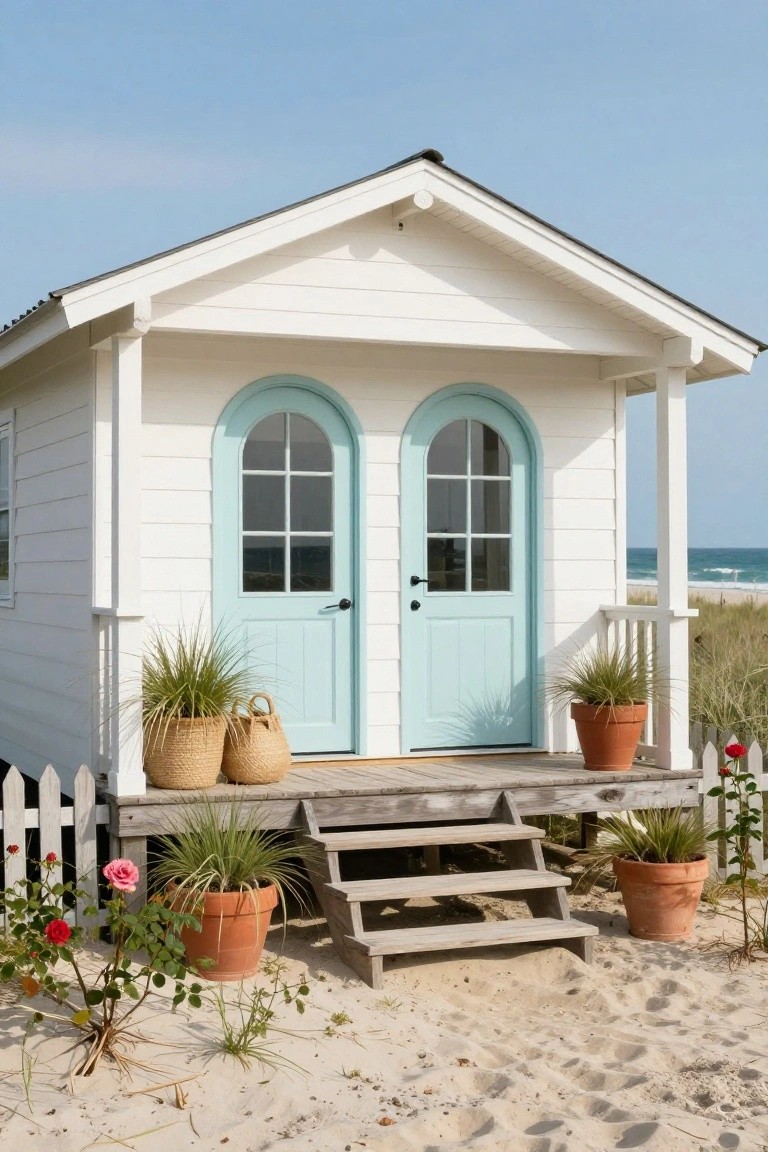 Small white wooden beach house with matching turquoise arched double doors featuring window panes, flanked by potted plants on a weathered wooden porch and steps amid sand and ocean view.