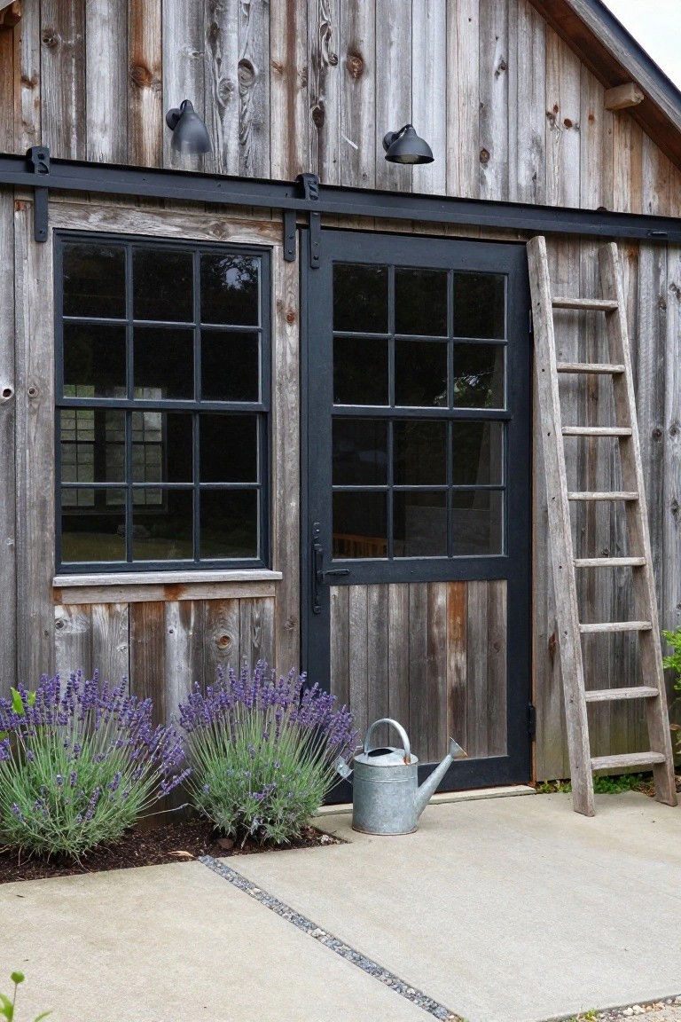 Rustic wooden barn-style shed exterior featuring black sliding door with grid window beside it, another grid window to the left, leaning wooden ladder, lavender plants, and metal watering can on concrete pad.