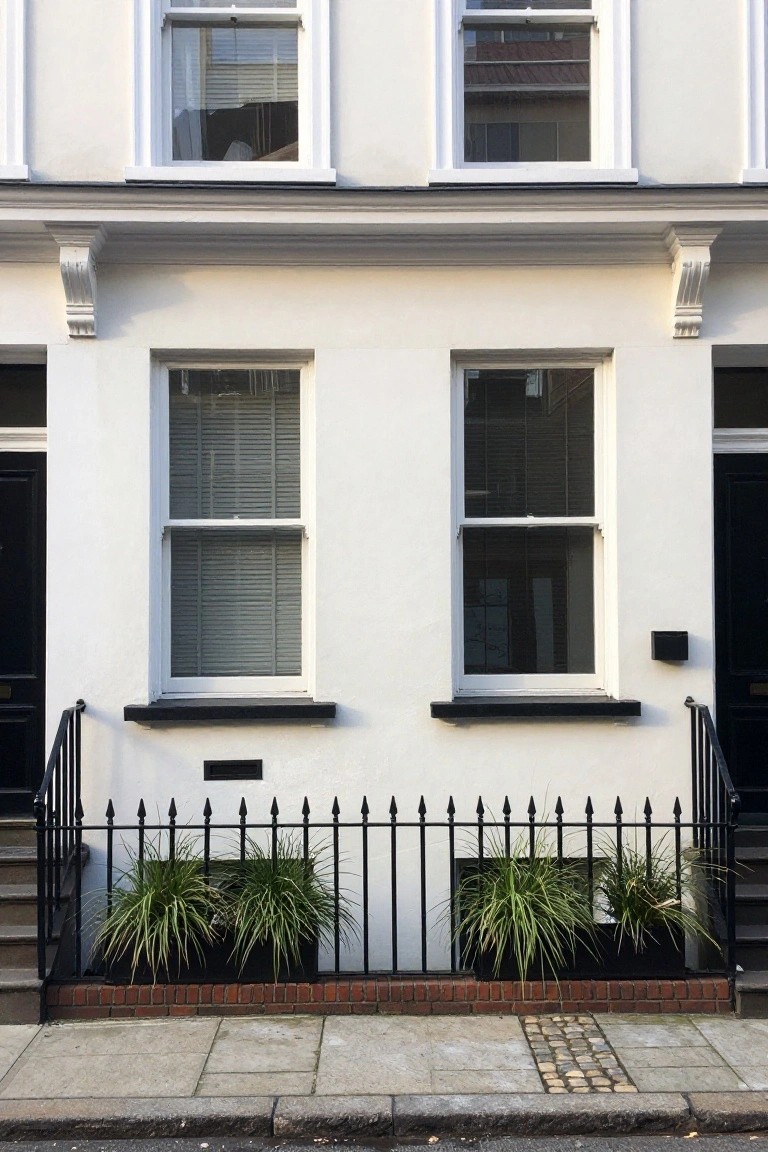 White stucco townhouse facade with two pairs of double sash windows featuring blinds, black front doors, iron railings with plants in boxes, and a stone sidewalk.