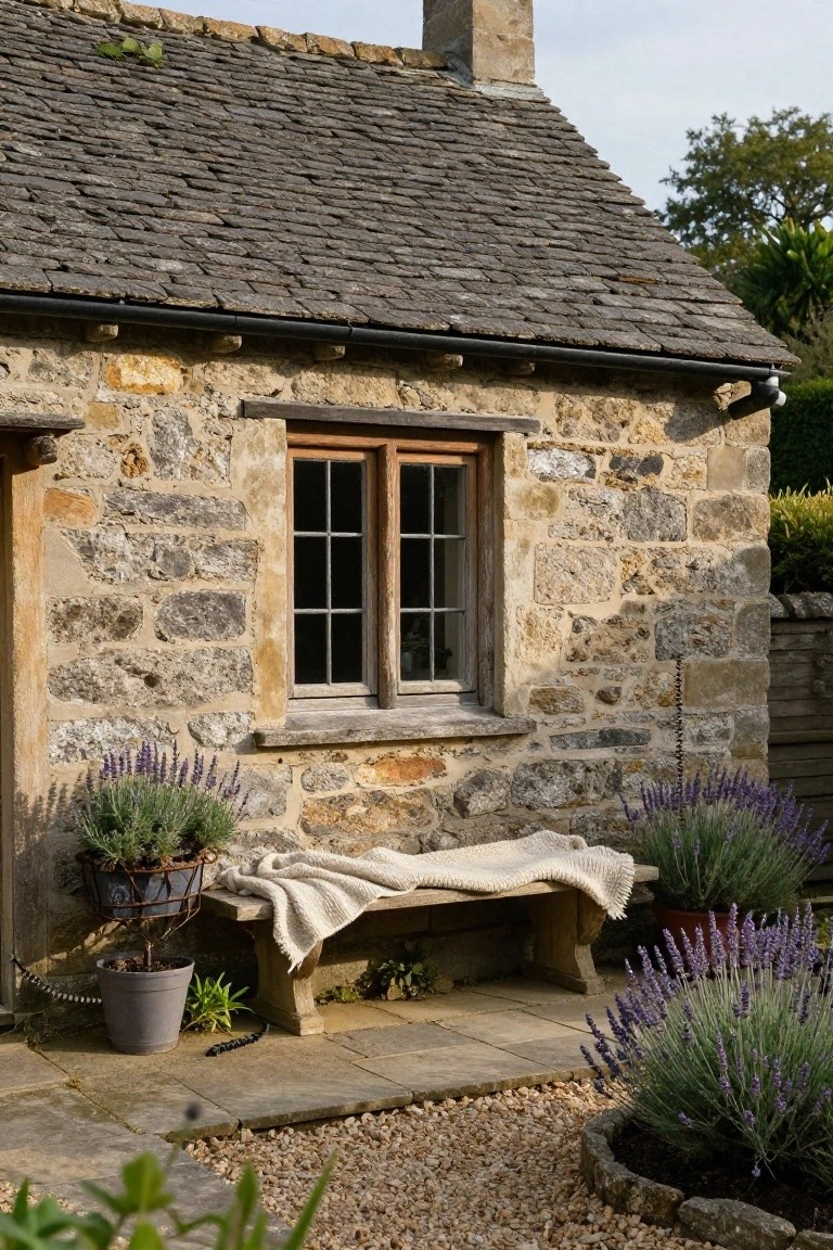 Stone cottage exterior wall with a double wooden-framed window, flanked by potted lavender plants and a wooden bench on a gravel path beside a garden bed.