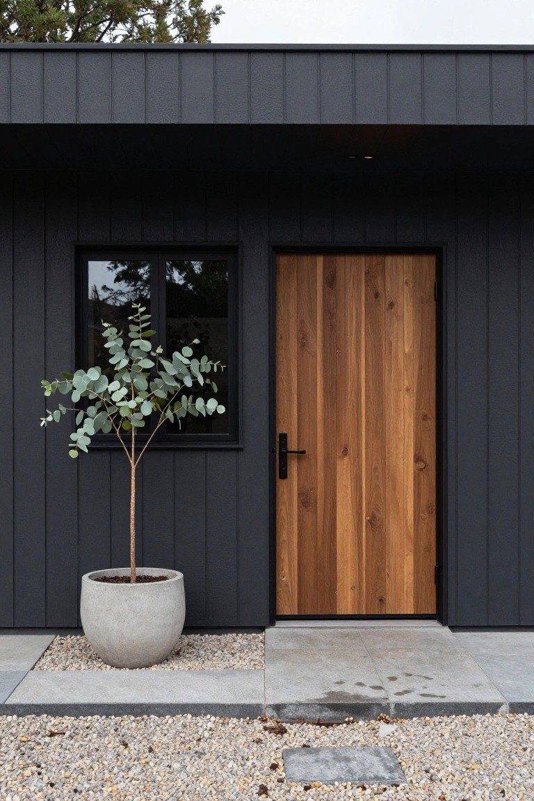 Black shiplap exterior wall featuring a tall narrow black-framed window next to a vertical wooden door, with a potted eucalyptus tree in a white pot on gravel ground beside a concrete path.