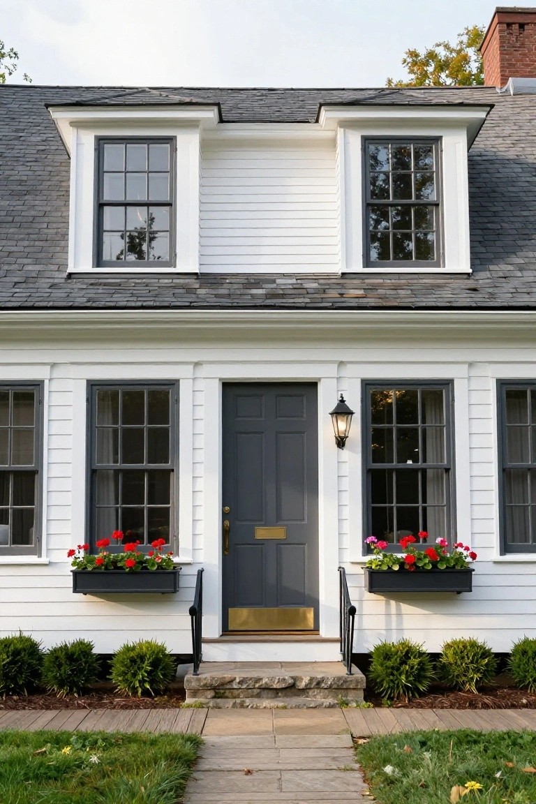 White clapboard house facade with dark gray double-hung windows flanking a centered dark gray front door, dormer windows above, flower boxes with red geraniums, a wall lantern, shrubs, and stone steps with a pathway.