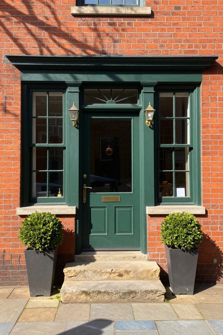 Red brick house facade with dark green front door centered between two matching multi-pane sash windows, flanked by brass lanterns and potted boxwood shrubs on stone steps leading to a paved walkway.