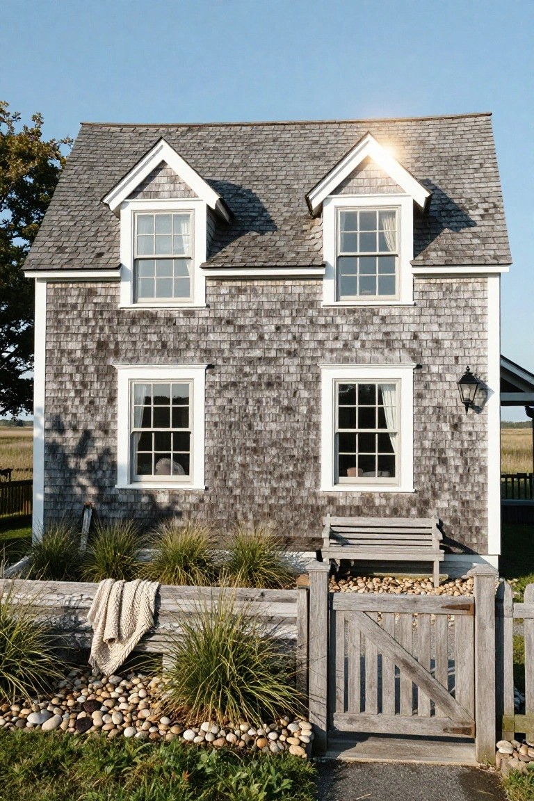 Two-story gray shingled house with white-trimmed double-hung windows on upper and lower levels, wooden bench draped with a blanket, stone garden edging, and gated entry.