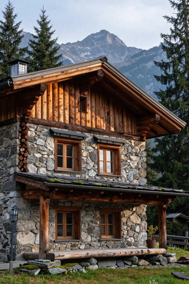 Two-story chalet house with lower stone walls and upper wooden cladding, featuring several double windows, wooden porch with bench, lantern post, evergreen trees, and mountain backdrop.