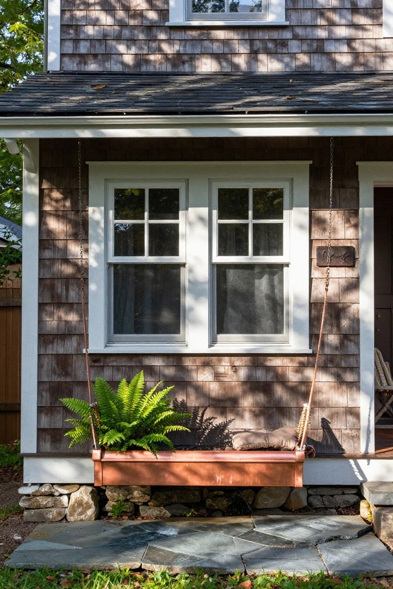 Shingled house exterior featuring paired double windows beside a front door on a covered porch, with a copper hanging planter containing ferns, a door plaque, and stone steps leading up.