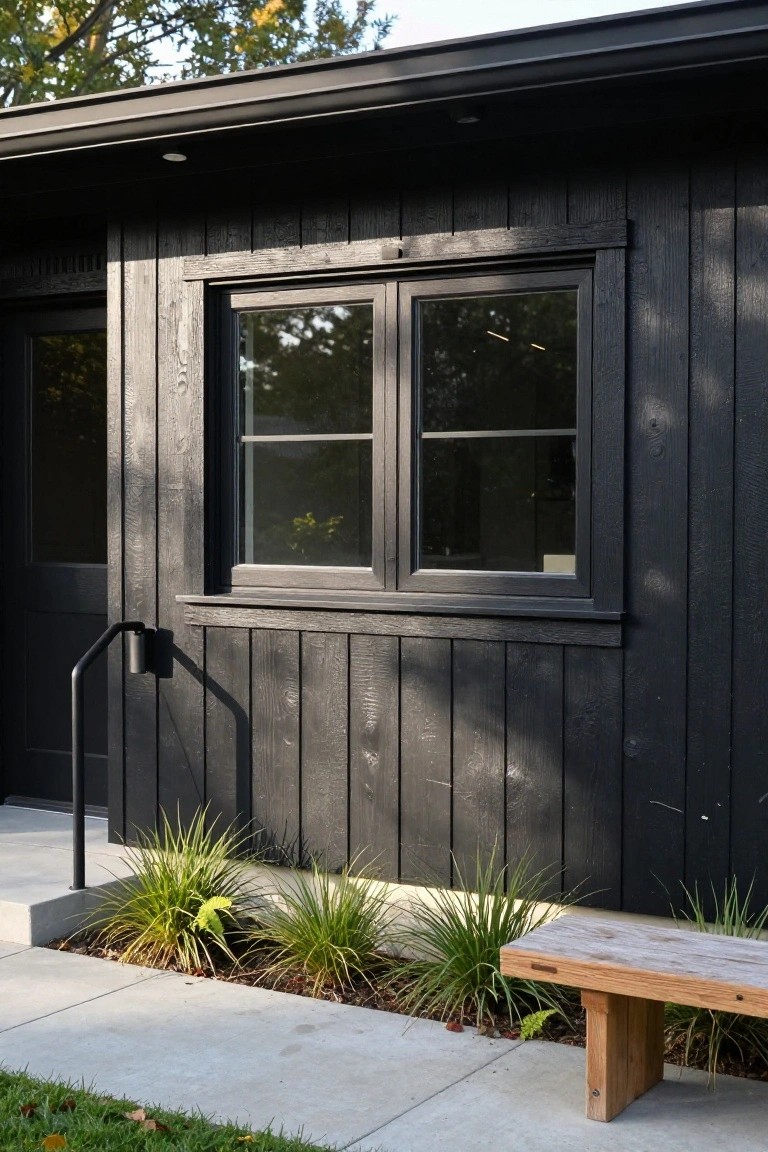 House exterior with black vertical board-and-batten siding, a double window next to a black door with metal handrail, low grassy plants in a bed, and a rough wooden bench on a concrete walkway.