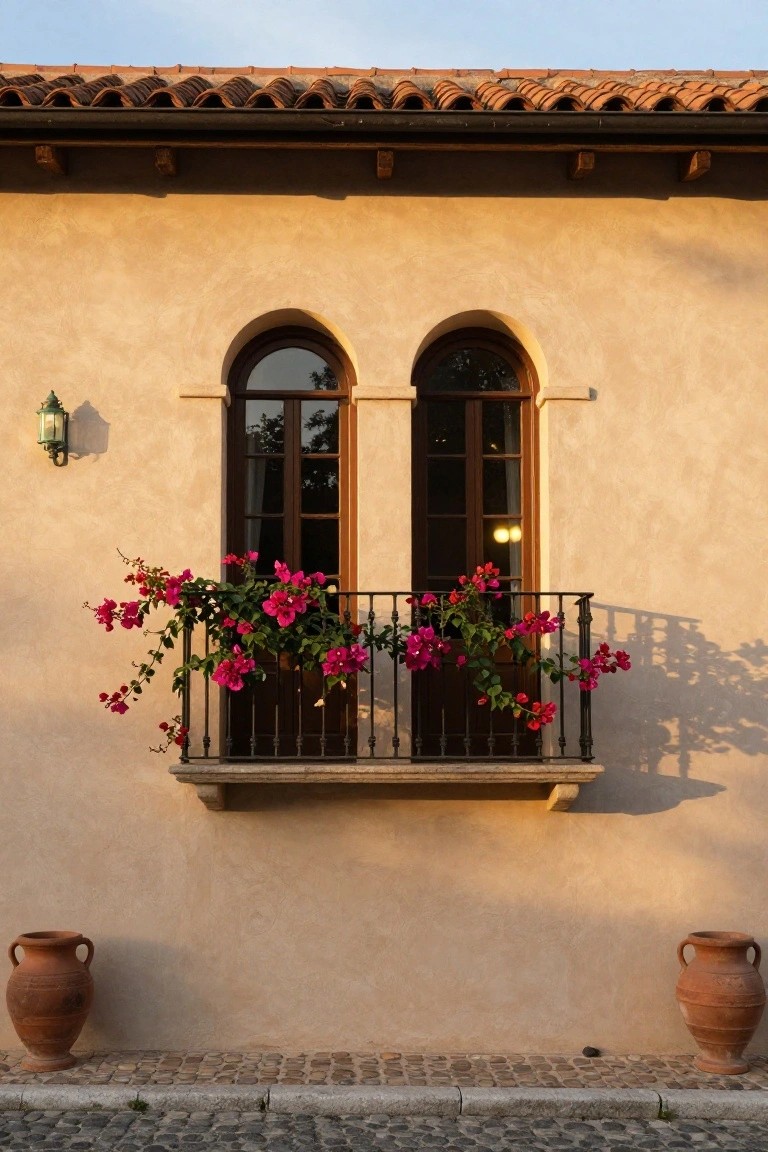 Beige stucco exterior wall with two tall arched double windows, a shared black wrought-iron balcony overflowing with pink bougainvillea vines, a wall lantern, and matching terracotta urns on a cobblestone path under a tiled roofline.