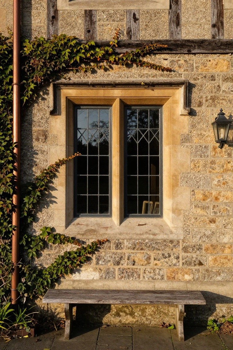 Stone house wall with a tall double window featuring leaded glass panes, ivy climbing the copper downspout and frame, a wall-mounted lantern light, and a weathered wooden bench on pavers below.
