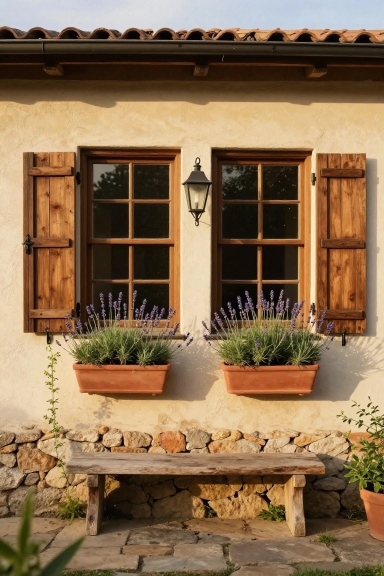 Beige stucco house wall with two double wooden-framed windows flanked by open shutters, lavender in matching terracotta window boxes below each, a lantern between the windows, a wooden bench on a stone base at the bottom, and some plants nearby on a stone patio.