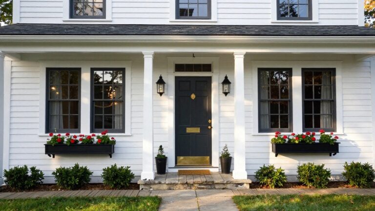 White clapboard house facade with dark gray double-hung windows flanking a centered dark gray front door, dormer windows above, flower boxes with red geraniums, a wall lantern, shrubs, and stone steps with a pathway.
