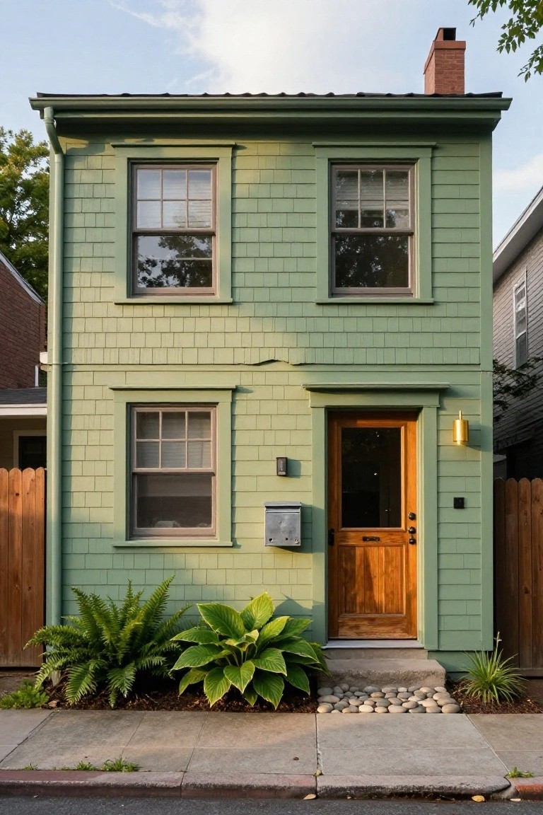 A two-story sage green shingled house with paired double-hung windows flanking the wooden front door on both levels, fronted by ferns, hostas, pebbles, and a picket fence.