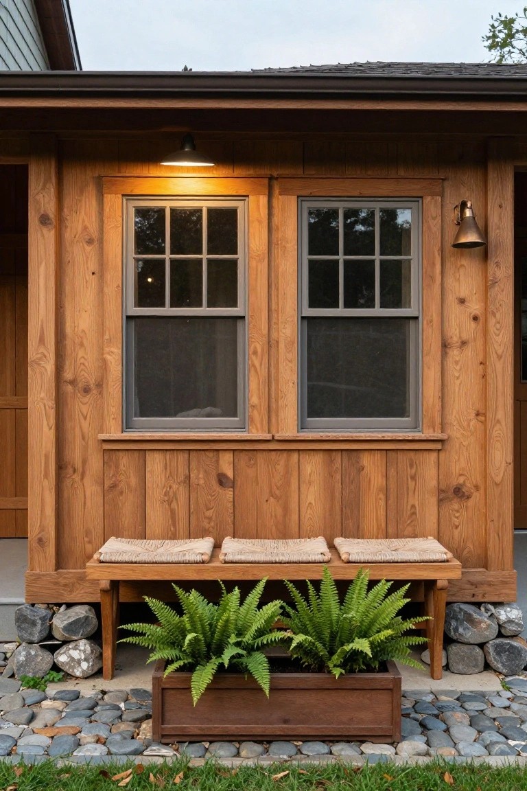 Cedar wood exterior wall with two adjacent double-hung windows, a wooden bench with rattan cushions, a wooden planter of ferns, and gray river rocks at the base under an overhanging roof.