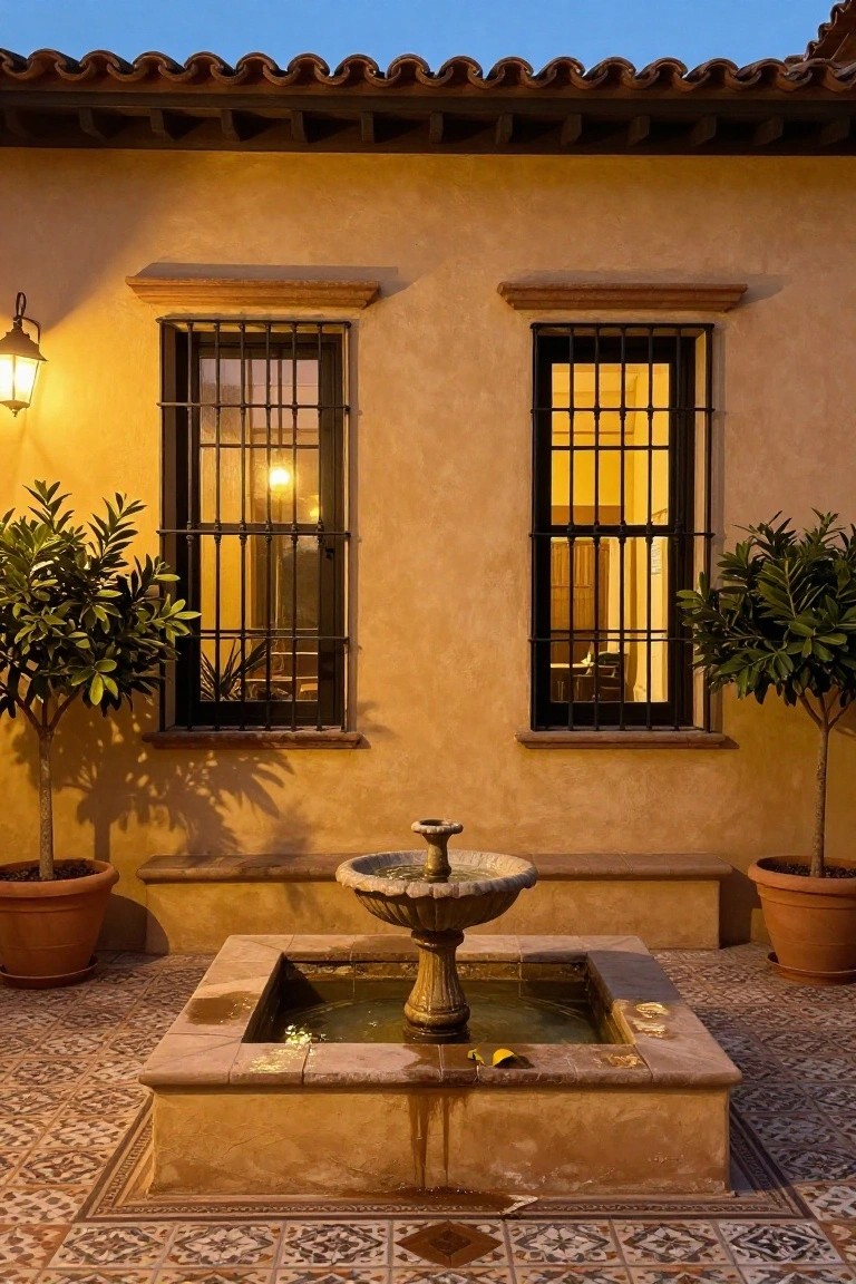 Stucco house exterior wall with two symmetrical double windows behind black wrought iron grilles, a stone fountain centered below on a tiled patio, potted plants flanking the sides, and a wall lantern lit at dusk.