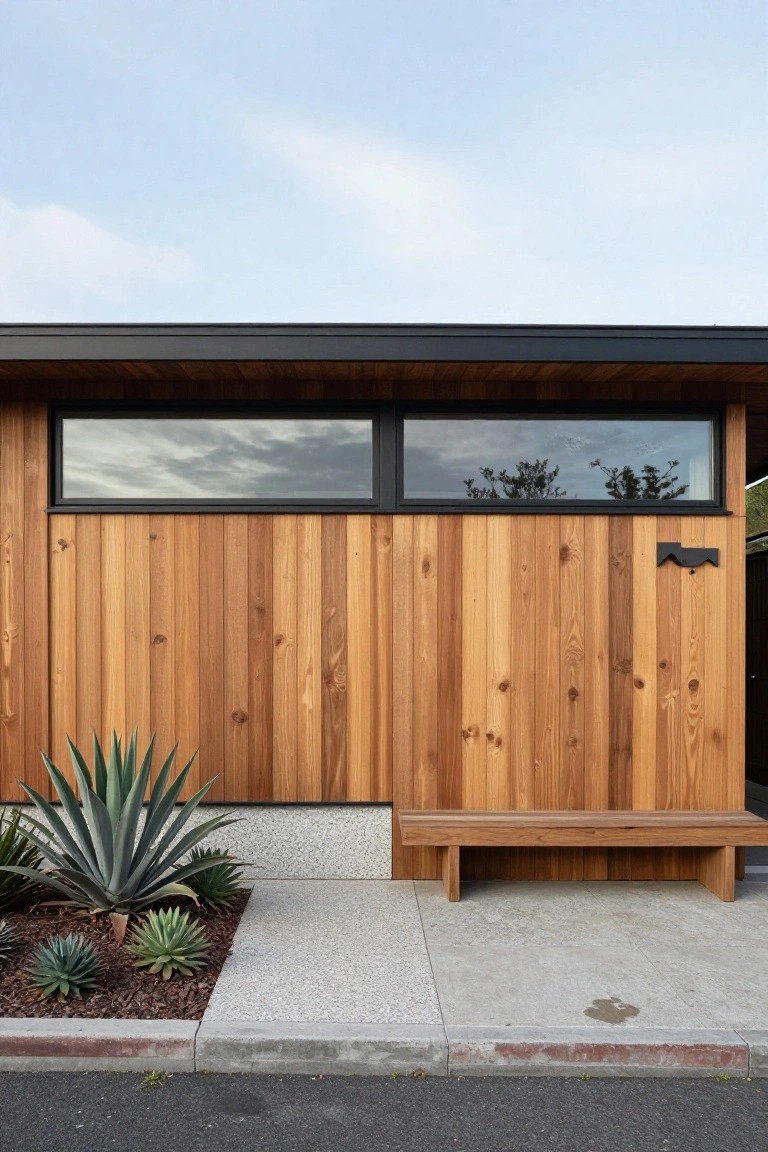 Modern house exterior featuring vertical cedar wood cladding, a large horizontal black-framed window near the roofline, a wooden bench, agave plants in a garden bed, and a concrete path beside a curb.