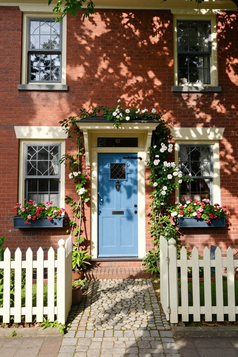 A two-story red brick house with a turquoise blue front door, white climbing roses along the entry porch, flower boxes with pink geraniums on the windows, and a white picket fence with a cobblestone path.