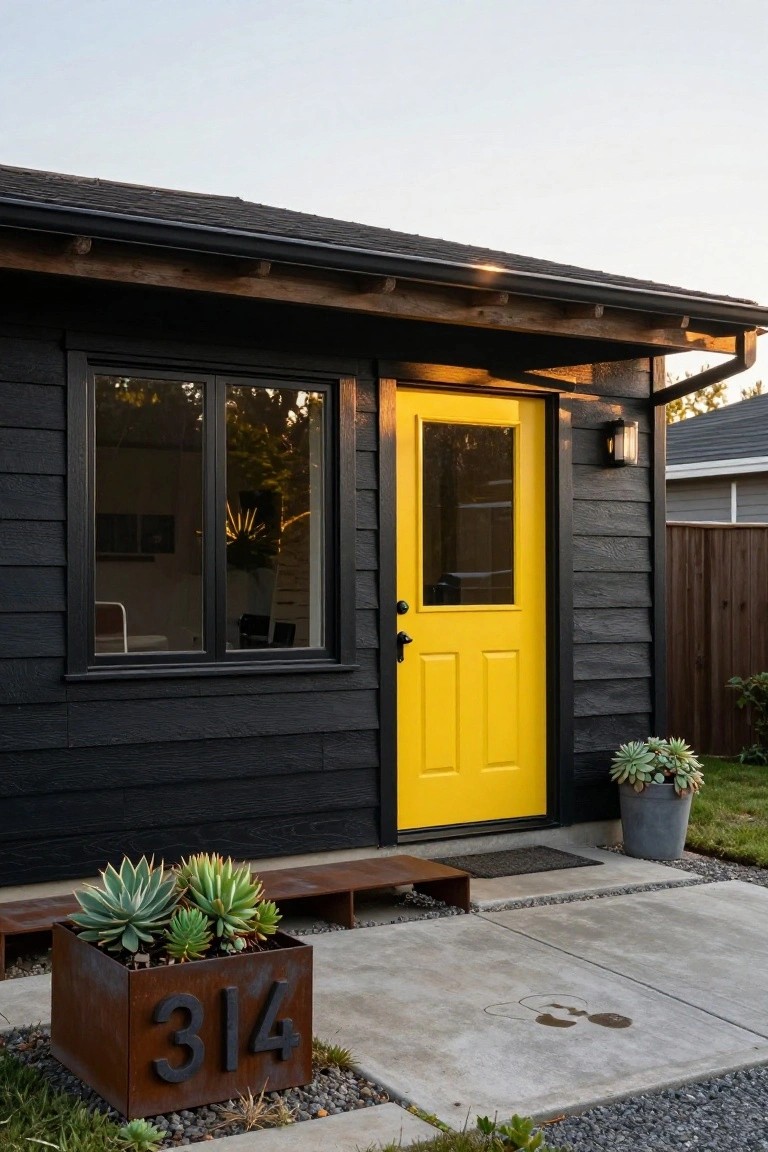 Black-sided house exterior featuring a yellow front door with glass panel, large window, metal wall light, corten steel planter box numbered 314 with succulents, and concrete pathway.
