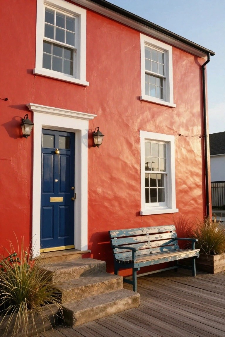 Red house exterior corner with white-framed sash windows, navy blue front door with brass knocker and letterbox, flanked by lanterns, stone steps to wooden deck with weathered blue bench and potted grasses.