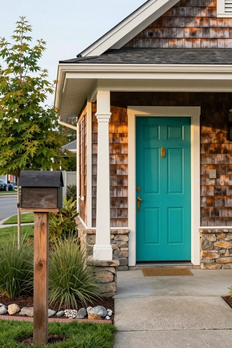 House exterior with dark shingle siding, white trim and porch columns, turquoise six-panel front door with brass knocker and knob, stone foundation, wooden mailbox post, and low landscaping around the entry steps.