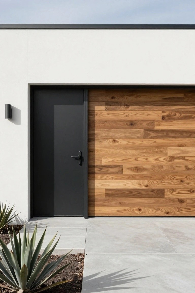 Modern house exterior with white stucco walls, black entry door, vertical walnut wood garage door, cylinder wall light, agave plants, and concrete pathway.